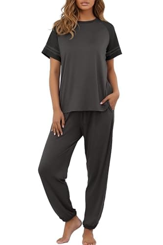 PrinStory Womens Pajama Sets Short Sleeve Pjs 2 Piece Lounge Set Soft Pj Sets Lightweight Sleepwear Loungewear with Pockets Dark Gray-2XL - Image 1