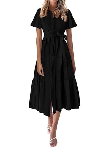 KIRUNDO Summer Button Down Wedding Guest Shirt Dresses for Women Maxi Flutter Short Sleeve Flowy Tiered Beach Sun Dress(Black, Small) - Image 1