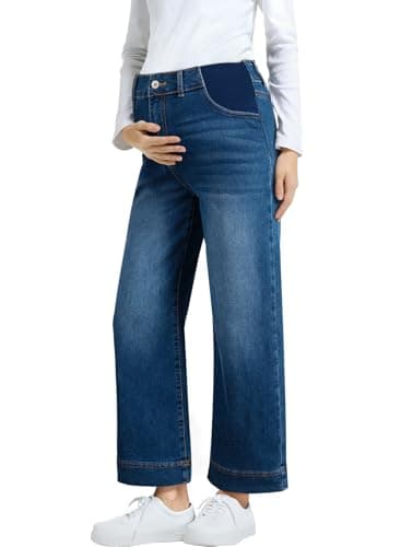 BLENCOT Maternity Jeans for Women High Waist Wide Leg Flare Stretch Pregnancy Denim Pants with Pockets Dark Blue 2XL - Image 1
