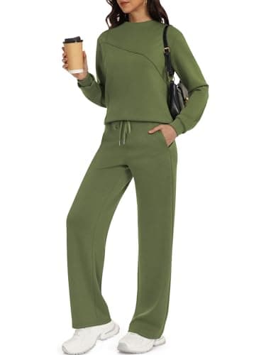 Casly Lamiit Womens Two Piece Lounge Set Fall Casual Travel Outfits Mock Neck Sweatshirt Wide Leg Pants 2025 Matching Airport Tracksuit Army Green XL - Image 1