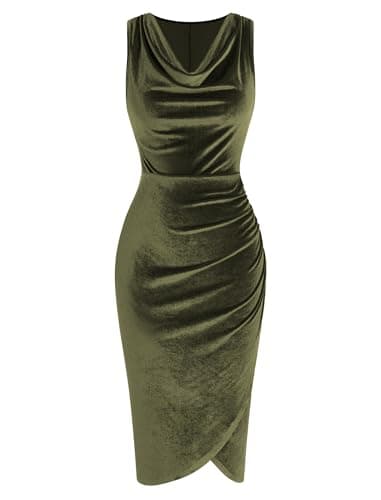 ZAFUL Women's Velvet Dress Sleeveless Wedding Guest Dress Ruched Bodycon Formal Slit Wrap Party Cocktail Midi Dress(Olive,XL) - Image 1
