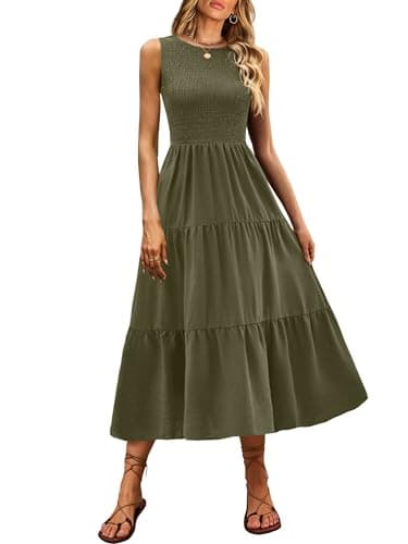 ANRABESS Women's Summer Casual Maxi Dress Sleeveless Crewneck Smocked 2026 Flowy Plaid Tiered Boho A Line Beach Long Sundress Army Green X-Large - Image 1