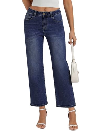 Belle Poque Women Dark Blue Wide Leg Jeans Stretchy Mid Rise Straight Leg Jeans with Pockets (Dark Blue, 6) - Image 1