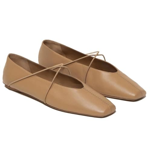 Yellhum Criss Cross Strap Ballet Flats for Women Square Toe Mary Jane Flats Shoes Comfortable Slip On Ballerina Shoes Tan - Image 1
