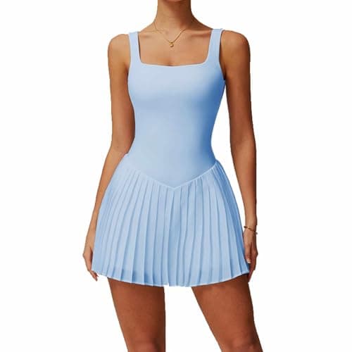 Womens Square Neck Tennis Dress Sleeveless Built in Shorts with Pockets Golf Athletic Dress Blue-XL - Image 1
