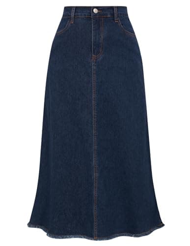 Belle Poque Dark Blue Denim Skirts for Women Trendy Vintage High Waist Frayed Raw Hem Midi Jean Skirts with Pockets S - Image 1