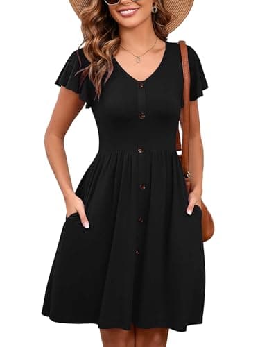 Heymoments Women Summer Dress Ruffle Sleeve Black XX-Large V Neck Casual Cute Loose Sundress Comfy Swing Button Down Midi Work Flowy Tunic Ladies Beach Vacation Teacher Dresses with Pockets - Image 1