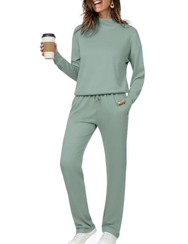 Totatuit Womens Tracksuit Warm Two Piece Set Slouchy Winter Long Sleeve Pullover Lounge Set High Neck Slouchy Sports Wear Fall Outfits Light Green M - Image 1