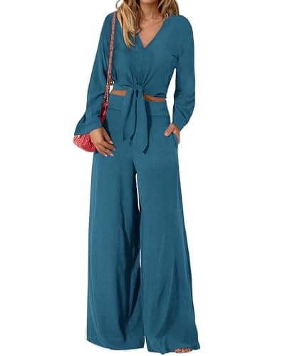 PRETTYGARDEN Women's 2 Piece Outfits 2025 Fall Fashion V Neck Long Sleeve Strappy Crop Top Wide Leg Pant Lounge Sets(Lake Blue,Medium) - Image 1