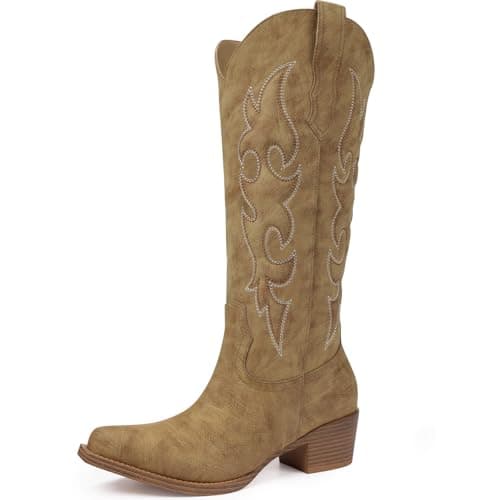 Quorvash Cowboy Boots for Women - Knee High Wide Calf Cowgirl Boots with Chunky Heel Snip Toe Side Zipper Embossed Design for Festival Prom Party Casual Outfits Camel Size 8 - Image 1
