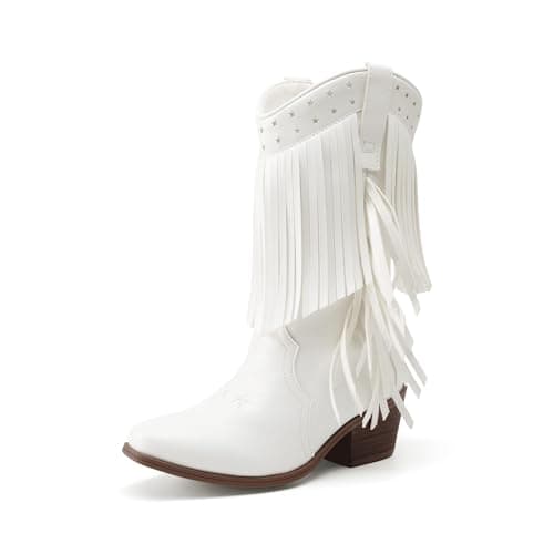 DREAM PAIRS Girls Cowboy Boots with Tassel Fringe Cowgirl Boots Kids Western Boots Stylish & Comfortable,Size 2 Little Kid,White,KKUMMB2508 - Image 1