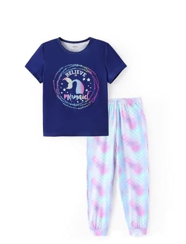 PATPAT Girls Pajamas Soft Sleepwear Set Cute 2 Piece Short Sleeve Top & Pants Navy Mermaid Loose PJs for Kid 9 Year - Image 1
