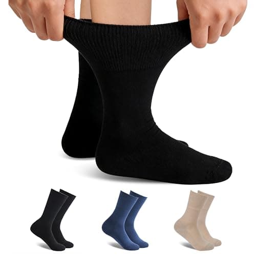 Forcool 3 Pairs Merino Wool Diabetic Crew Socks Loose Top Extra Wide Non-Binding Cushioned for Men and Women, Black+Khaki+Denim blue, Medium - Image 1