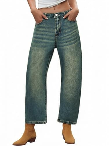 PEIHOT Mid Waisted Barrel Women Jeans Trendy Boyfriend Stretch Loose Crop Denim Pants with Pockets Retro Blue - Image 1