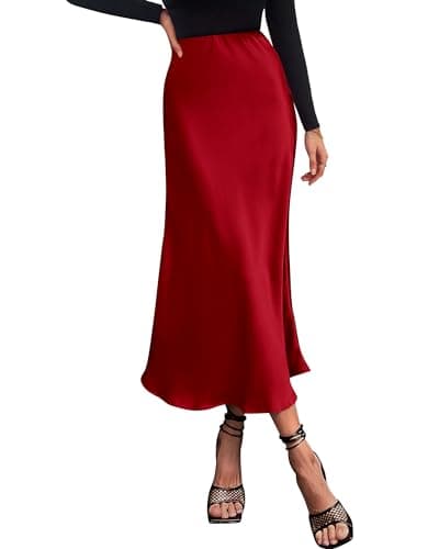 BTFBM 2026 Womens Spring Summer Long Satin Skirt Silk Elegant High Waist Cocktail Party Wedding Flowy A-Line Midi Skirts(Dark Red, X-Large) - Image 1