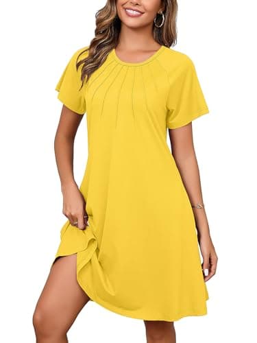 Heymoments Women's Short Sleeve Dress Yellow Large Crewneck Casual Loose Flowy Below Knee Length Sundress Business A Line Shirt Teachers Summer Novelty Dresses with Pockets - Image 1