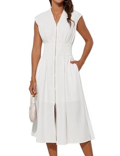 White Dress for Women 2025 Summer V Neck Sleeveless Formal Bridesmaid Wedding Guest Dress Ivory XL - Image 1