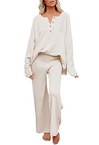 Pink Queen Women's 2 Piece Knit Sweatsuit Button Knit Pullover Sweater Top and Long Pants Sweatsuit Pajama Set Beige S - Image 1
