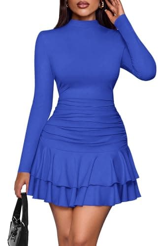 PRETTYGARDEN Womens Spring Long Sleeve Dresses 2026 Mock Neck Ruched Y2K Clothes Ruffle Layered Bodycon Mini Party Dress(Blue,XX-Large) - Image 1