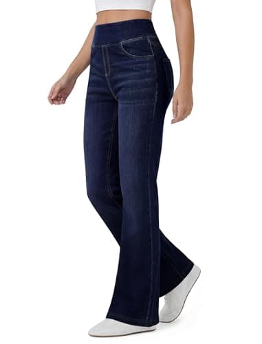 FireSwan Women’s Trendy Stretchy Flare Jeans High Waisted Wide Leg Bootcut Jeans Pull On Casual Loose Denim Pants Dark Blue - Image 1