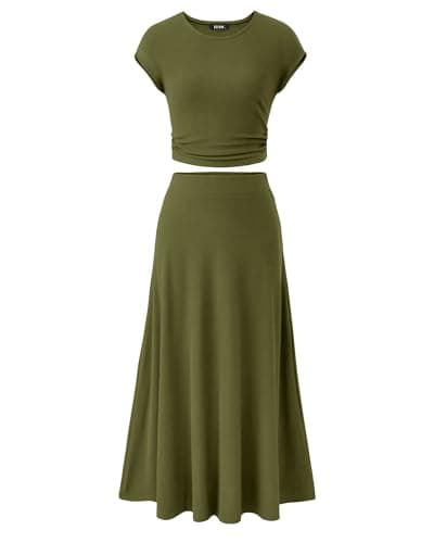 BTFBM Summer Outfits For Women 2026 Two Piece Sets Casual Crew Neck Short Sleeve Cropped Spring Tops Midi Skirt Lounge Set(Army Green, Large)