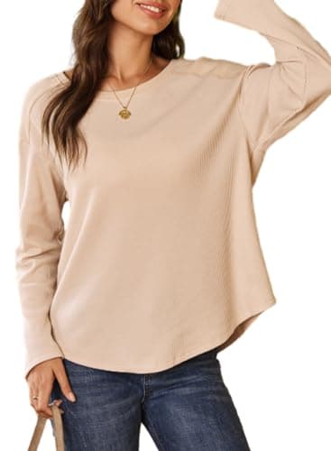 Dokotoo Womens Oversized Waffle Knit Tops Casual Crew Neck Long Sleeve Lightweight Soft Loose Hoodie Pullover Tunic Tops,Small Apricot - Image 1