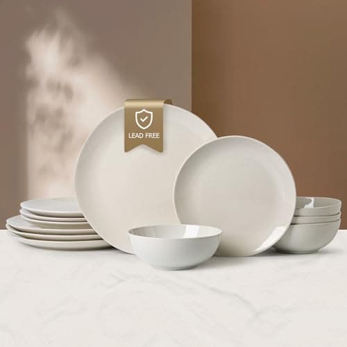 ALOFMO Ceramic Dinnerware Sets-12 Pieces Set, Plates Pasta Bowls Soup Bowls, Modern Stoneware Dishes, Reaction Glaze Black (Sky white) - Image 1