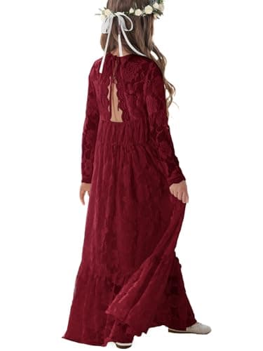 ALLOVIN Toddler & Girls Long Sleeve Lace Flower Girl Dress Maxi Boho A-Line Dress for Wedding Baptism 1st Communion | Burgundy | 4-5Y - Image 1