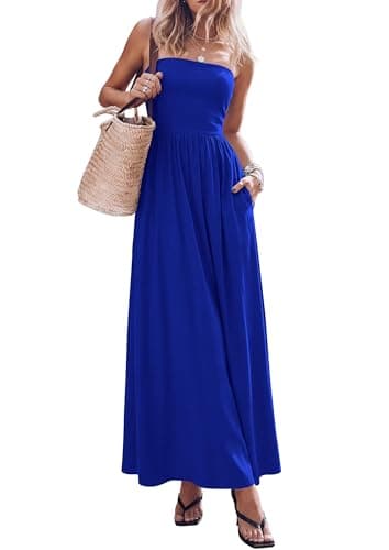 PRETTYGARDEN Women's 2026 Spring Strapless Maxi Dresses Patchwork Long Flowy Pockets Elegant Going Out Summer Tube Top Dress (Blue,XX-Large) - Image 1