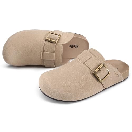 Stelle Suede Clogs for Women Men Potato Shoes with Arch Support Leather Cork Footbed Mules Slip on Home Slippers(Taupe,11) - Image 1