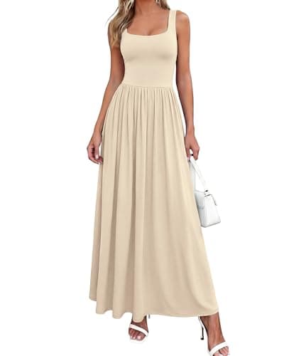 BTFBM Summer Dresses for Women 2026 Maxi Casual Square Neck Flowy Long Sundress Spring Wedding Guest Cocktail Dress(Beige, Small) - Image 1