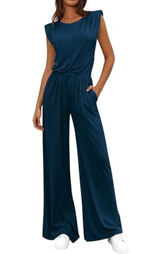 BTFBM 2 Piece Sets for Women Spring 2026 Casual Shoulder Pad Tank Top Wide Leg Pants Matching Set Travel Airport Outfits(Dark Blue, Small) - Image 1