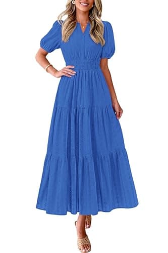 PRETTYGARDEN Womens Summer Maxi Dresses 2026 Casual Puff Sleeve V Neck Smocked Flowy Eyelet Cotton Dress Spring Sundress(Blue,X-Large) - Image 1