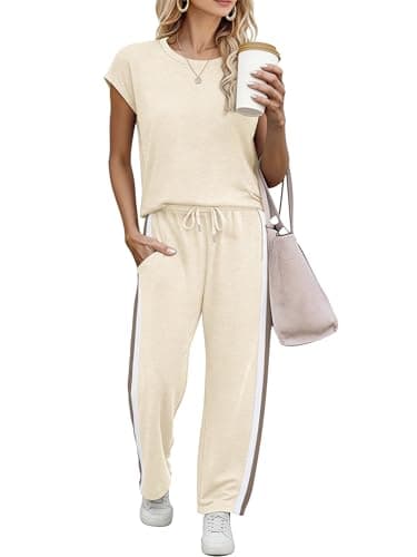 Casly Lamiit Women's 2 Piece Pant Sets Crewneck Pullover Wide Leg Sweatpants Summer Beach Travel Vacation Matching Clothes Country Concert Resort Wear Striped Outfits Beige S - Image 1
