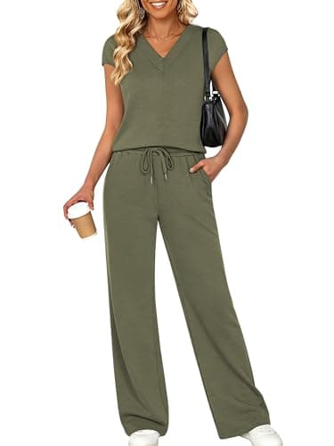 Casly Lamiit Womens 2 Piece Sets 2026 Summer Casual Travel Outfits V Neck Cap Sleeve Top Wide Leg Pants Beach Vacation Airport Clothes Army Green L - Image 1