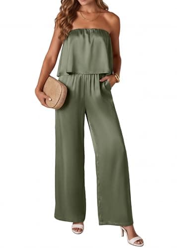 KIRUNDO Jumpsuits For Women Dressy 2026 Casual Tube Top Summer Romper Flowy Satin Strapless One Piece Vacation Outfits(Army Green, Medium) - Image 1
