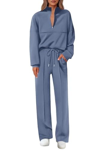 Lazysmile 2 Piece Sets For Women Lapel Half Zip Sweatshirt and Wide Leg Long Pants Sweatsuit Lounge Sets Workout Sets - Image 1