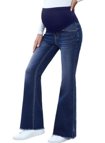 BLENCOT Pregnancy Jeans for Women Maternity Over Belly Pants for Pregnant Ladies Stretchy Denim with Pockets Flare Leg Comfort Fit P605 Blue XL - Image 1