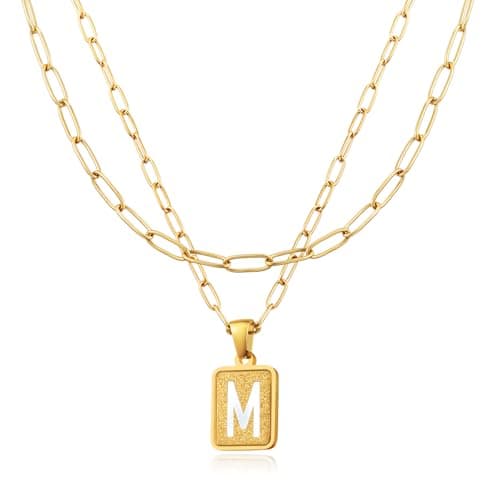 LETFLY Initial Gold Necklaces for Women, 18K Gold Plated Letter Layering Necklace Square Shaped Pendant with Adjustable Paperclip Chain for Womens Jewelry Gifts Alphabets M - Image 1