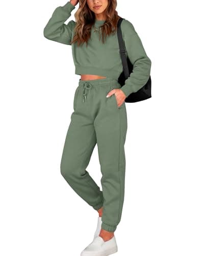 BTFBM Women 2 Piece Outfits Long Sleeve Crop Top Pullover Drawstring Pant Jogger Set Casual Sweatsuits Tracksuit Pockets(Green, X-Large) - Image 1