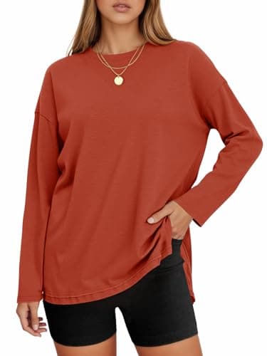 Tankaneo Womens Oversized Long Sleeve T Shirts 2026 Crewneck Basic Tee Loose Fit Tunic Tops Casual Fall Workout Clothes Brick Red - Image 1