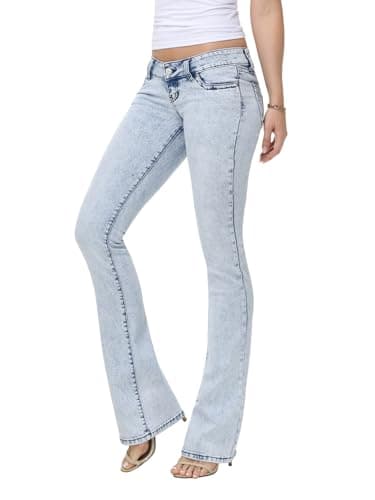 WAISUNZLM Women's Super Low Rise Stretchy Flared Jeans Slim Fit for Flattering Silhouette Bootcut Denim Pants(Runs Small) Light Blue - Image 1
