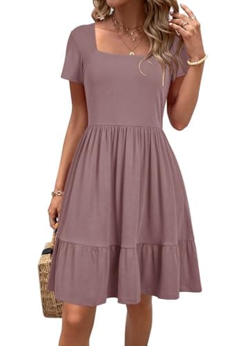 Newshows Summer Dresses for Women Short Sleeve Square Neck Babydoll Dresses Casual Beach Vacation Outfits Aline Ruffle Flowy Sundress with Pockets(Purple,S) - Image 1