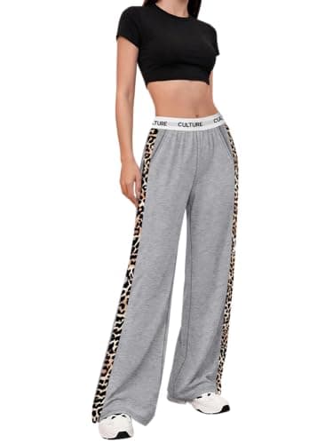 PEFYERVERY Women Baggy Pants Leopard Cheetah Print Block Side Teen Wide Leg Open Bottom Hiking Sweatpants Y2K Yoga Elastic Waistband Gray XL - Image 1