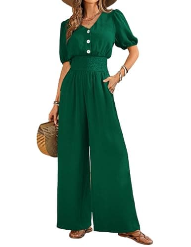 LOOKBOHO Women's Jumpsuits Short Sleeve Smocked High Waist Dressy V Neck Wide Leg One Piece Rompers Formal Outfits Dark Green XXL - Image 1
