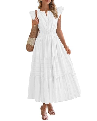 BTFBM Womens Summer Maxi Dress 2026 Spring Boho Vacation Ruffle Flutter Short Sleeve A Line Tiered Flowy Dresses Pockets(White, Medium) - Image 1