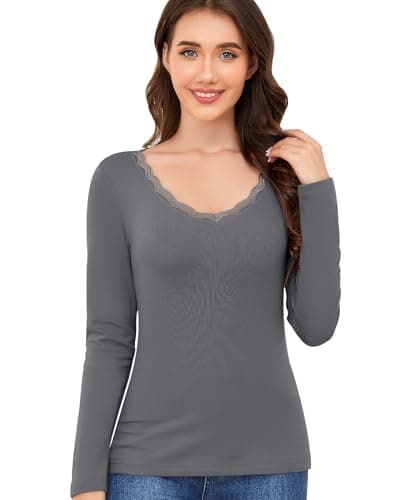 Ganado Long Sleeve Shirts for Women Lace V Neck Thermal Shirt Fitted Basic Tops Plain Layering Undershirts (Dark Grey, Medium) - Image 1
