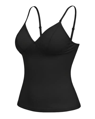 Women's Slim Fit V-Neck Light Tummy Control Camisole Adjustable Spaghetti Strap Built-in Bra Soft Stretch Tank Top - Image 1