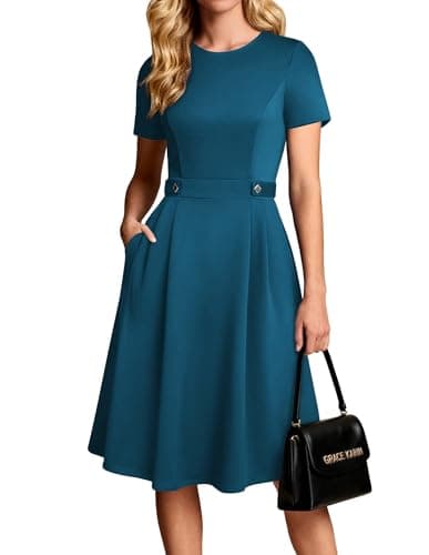 GRACE KARIN Summer Church Dresses for Women 2026 Short Sleeve A Line Work Dresses Fit and Flare Midi Dress with Pockets Blue Green XXL - Image 1