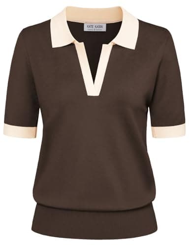 Kate Kasin Women Short Sleeve Polo Sweater Tops Lightweight Summer V Neck Color Block Knit Pullover Top Shirt Coffee XXL - Image 1